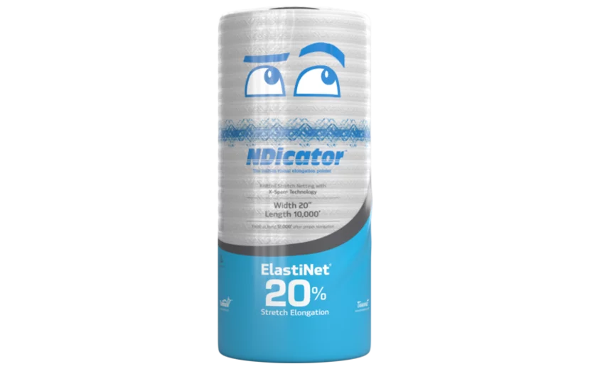 ElastiNet NDicator roll by Tama with 20% stretch elongation and 10,000-foot length, featuring visual elongation indicators